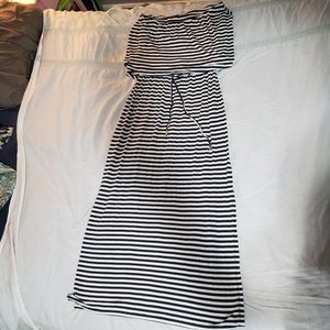 Strapless black and white striped maxi dress